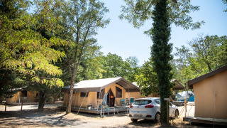 Safaritent op camping, Toile&Bois tent Sweet, omringd door bomen en geparkeerde auto, zomerse sfeer.
