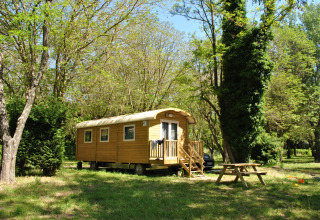 Gypsy caravan style wooden cabin in a green forest clearing with a picnic table and a car behind it.