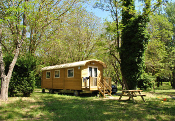 Gypsy caravan-træhytte placeret i en frodig grøn skov med picnicbord foran og bil i baggrunden.