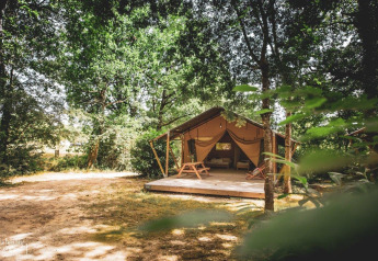 Tente safari Tent Saadani installée en clairière forestière, terrasse en bois et bancs, entourée d’arbres verts.