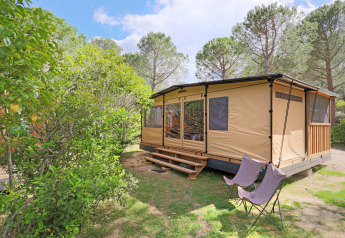 Tenda safari Arizona immersa nel verde tra alberi, con due sedie davanti e cielo sereno e soleggiato.