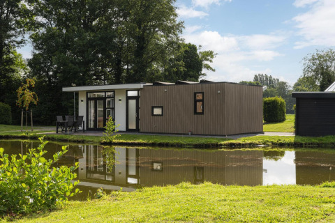 Moderne lodge The Water Lily aan een vijver in Holiday Park De Lochemse Berg, Nederland, omgeven door groen.