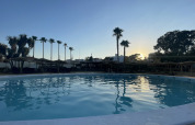 Solnedgang ved swimmingpoolen på TAIGA Almeria Playa, en feriepark med palmer i Andalusien, Spanien.
