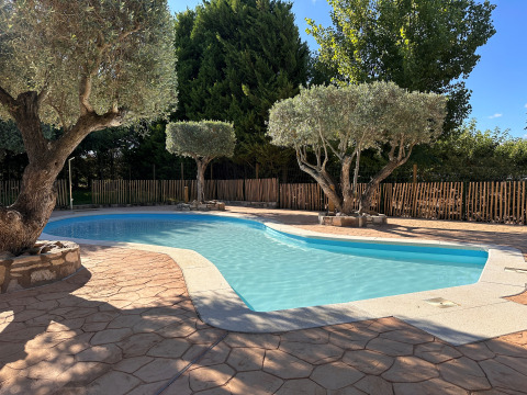 Swimming pool surrounded by olive trees and a wooden fence at TAIGA Lake Caspe holiday park in Aragón, Spain.