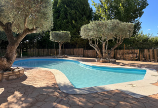 Swimming pool surrounded by olive trees and a wooden fence at TAIGA Lake Caspe holiday park in Aragón, Spain.