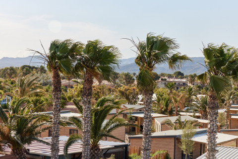 Palmen und moderne Hütten in L'Ampolla, Katalonien, Spanien, mit Bergen im Hintergrund an einem sonnigen Tag.