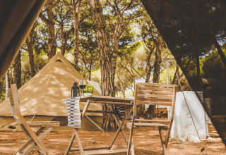 Vista desde una tienda en TAIGA Tarifa, un parque vacacional en Andalucía, España, con sillas y árboles.