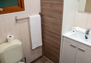 Badeværelse i Bungalow Aratz med toilet, vask, spejl og håndklæde på Camping Etxarri i Spanien.