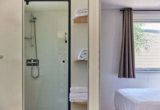 Modernes Kabinenbad mit Glastür, frischen Handtüchern auf Regalen und Blick ins Schlafzimmer.