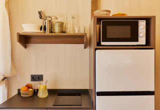 Compact kitchenette in a safari tent with stovetop, fridge, microwave, shelves, and fruit basket.
