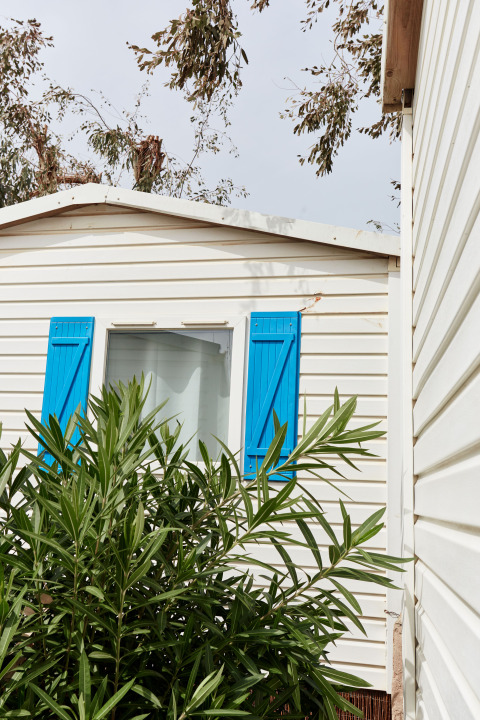 Cabaña blanca con contraventanas azules y vegetación en primer plano, vista en Bungalow Confort Delta.