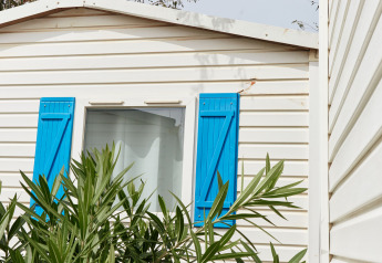 Cabaña blanca con contraventanas azules y vegetación en primer plano, vista en Bungalow Confort Delta.
