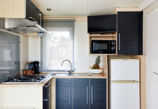 Modern kitchen in Bungalow Confort Delta with stove, fridge, microwave, TV, sink, and fruit bowl.