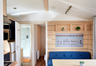 Interno del Bungalow Confort Delta con cucina, tavolo da pranzo, divano blu, piante e foto di fenicotteri.