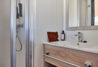 Moderne badeværelse på glamping med håndvask, spejl, brusekabine og toiletartikler på bordet.