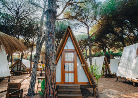 Gezellig Glamping Tipi Pinar chalet tussen de bomen, omgeven door tentachtige hutjes in het bos.