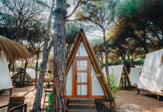 Gezellig Glamping Tipi Pinar chalet tussen de bomen, omgeven door tentachtige hutjes in het bos.