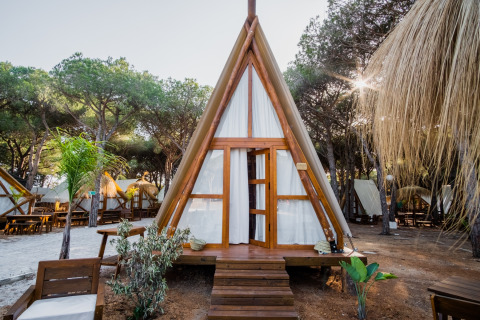 Glamping Tipi Almadraba, et teepee-telt omgivet af træer og udendørs siddeområder, oplyst af solskin.