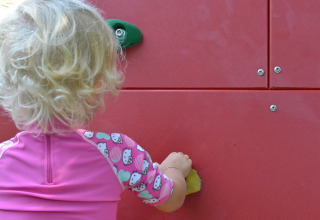 Bambino piccolo con vestito rosa che scala una parete rossa al Drau Camping Sachsenburg, Carinzia, Austria.