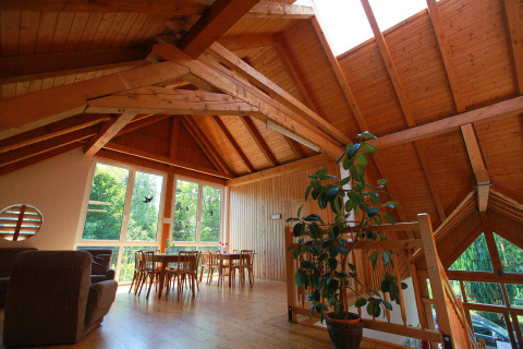 Interior de una acogedora cabaña de madera en Drau Camping Sachsenburg con techos altos y grandes ventanales.
