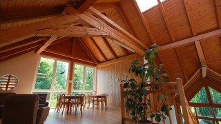 Interior de una acogedora cabaña de madera en Drau Camping Sachsenburg con techos altos y grandes ventanales.