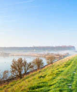 Paisaje cerca de Arnemuiden en Zelanda, Países Bajos, con campos verdes, agua y niebla matutina.