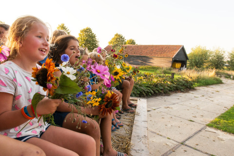 Kinderen zitten buiten op een boerderij in Zeeland, Nederland, met kleurrijke bloemen in de hand.