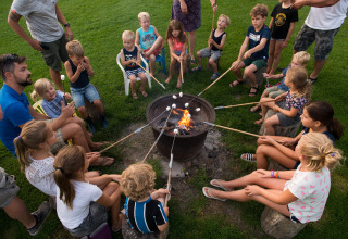 Enfants et adultes grillent des guimauves autour d’un feu au FarmCamps Oranjepolder, parc de vacances en Zélande, Pays-Bas.
