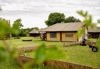 Telt på FarmCamps Op de Beemd feriepark i Nordbrabant, Holland, omgivet af grønt og legeudstyr.