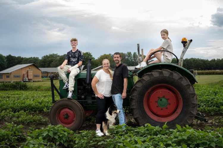 Gezin met hond poseert op een tractor in het veld bij FarmCamps De Kalverliefde in Limburg, Nederland.