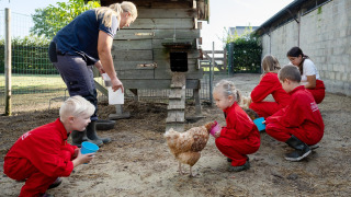 Niños con monos rojos alimentan gallinas junto a un adulto en un gallinero en FarmCamps De Kalverliefde.