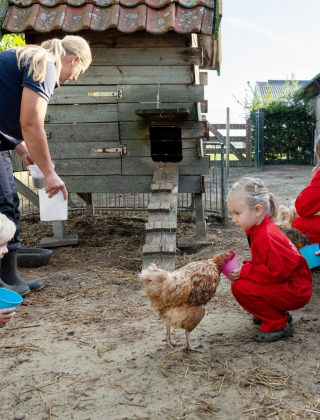 Niños con monos rojos alimentan gallinas junto a un adulto en un gallinero en FarmCamps De Kalverliefde.