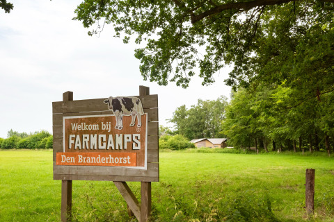 Cartel de bienvenida de madera en FarmCamps Den Branderhorst, Gelderland, Países Bajos, rodeado de naturaleza.