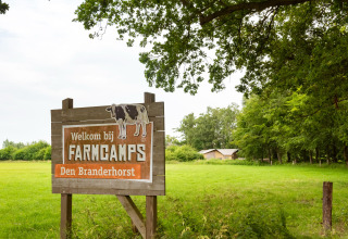 Træskilt ved FarmCamps Den Branderhorst i Gelderland, Holland, på grøn mark med træer i baggrunden.