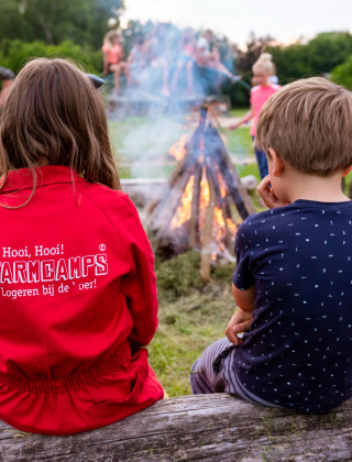 Niños y adultos sentados alrededor de una fogata en FarmCamps Den Branderhorst, Gelderland, Países Bajos.