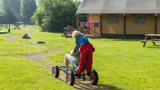Niños jugando y montando un kart en FarmCamps Den Branderhorst, un parque vacacional en Gelderland, Países Bajos.