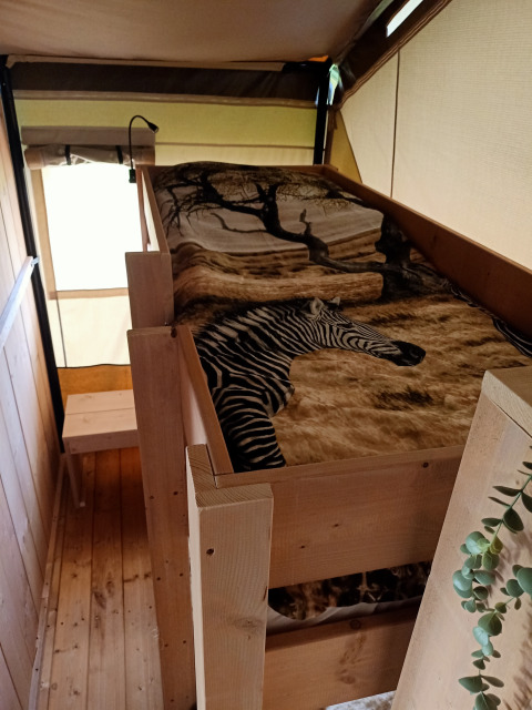 Knusse safaritent met houten bed en zebradeken op Boerderijcamping het Katreel in Nederland.