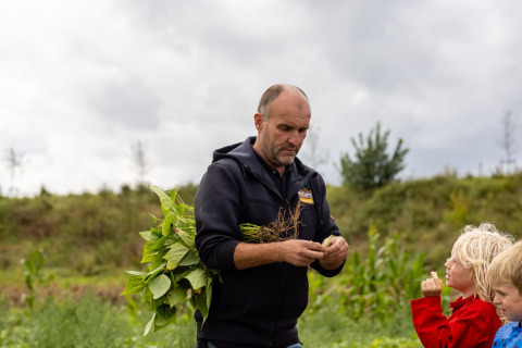 Hombre mostrando plantas a niños en FarmCamps De Kamperhoek, un parque vacacional en Zeeland, Países Bajos.