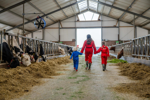 Kinderen en een volwassene in kleurrijke pakken wandelen in de koeienstal van FarmCamps De Oostermaat, Overijssel.