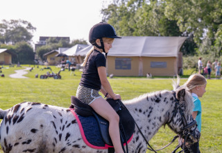 Meisje rijdt met helm op gevlekte pony op FarmCamps De Oostermaat vakantiepark in Overijssel, Nederland.