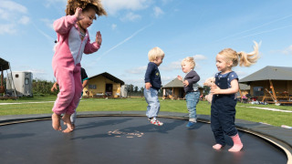 Niños saltando con alegría en una cama elástica en FarmCamps Alpaca Vorstenbosch, Brabante Septentrional.