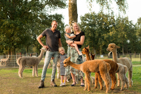 Family posing with alpacas at FarmCamps Alpaca Vorstenbosch, a holiday park in North-Brabant, Netherlands.
