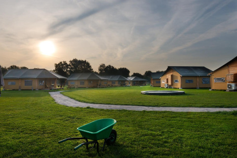 Sunset view at FarmCamps Alpaca Vorstenbosch in North Brabant, Netherlands, showing tents and green lawn.