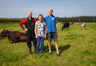 Three people stand on a pasture with cows behind them at FarmCamps Hoeve Sonneclaer in Drenthe, Netherlands.