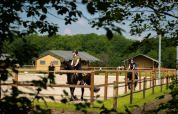 Des enfants apprennent l'équitation à FarmCamps Holzik Stables, un parc de vacances à Overijssel, Pays-Bas.