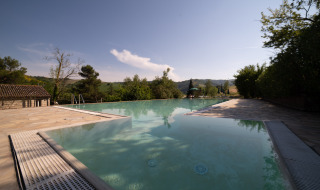 Piscina infinita en Camping Podere Sei Poorte en Marche, Italia, rodeada de naturaleza y colinas verdes.