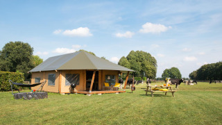 Safari tent in a grassy field with cows, a picnic table, and a hammock under a blue sky.