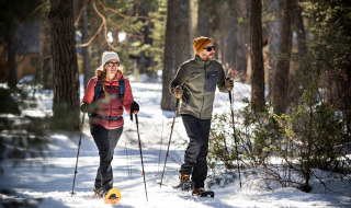Dos personas hacen raquetas de nieve en un bosque soleado cerca de Val-Des-Près, Provenza-Alpes-Costa Azul, Francia.