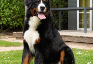 Een Berner Sennenhond zit op het gras bij Comfort Lodge, een verblijf waar honden zijn toegestaan.