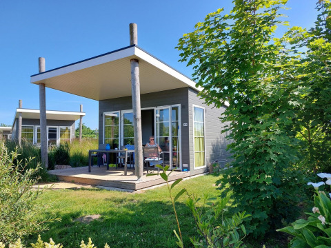 Komfort Lodge med moderne design og terrasse, omgivet af grøn have, solrig dag, hunde tilladt.